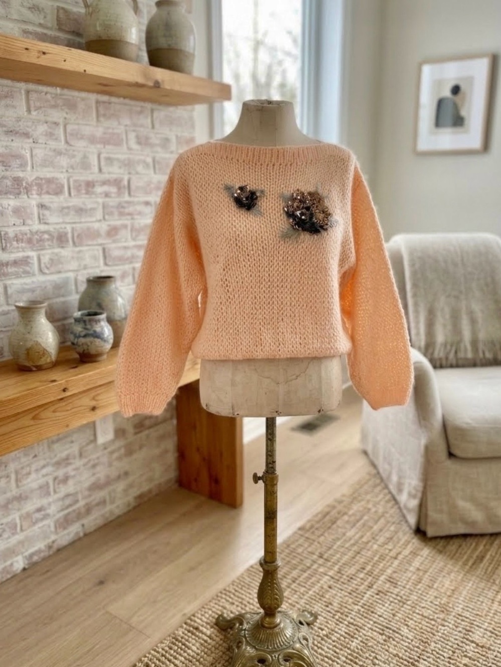 Vintage Hand-Knitted Soft Sweater with Sequin Floral Appliqués